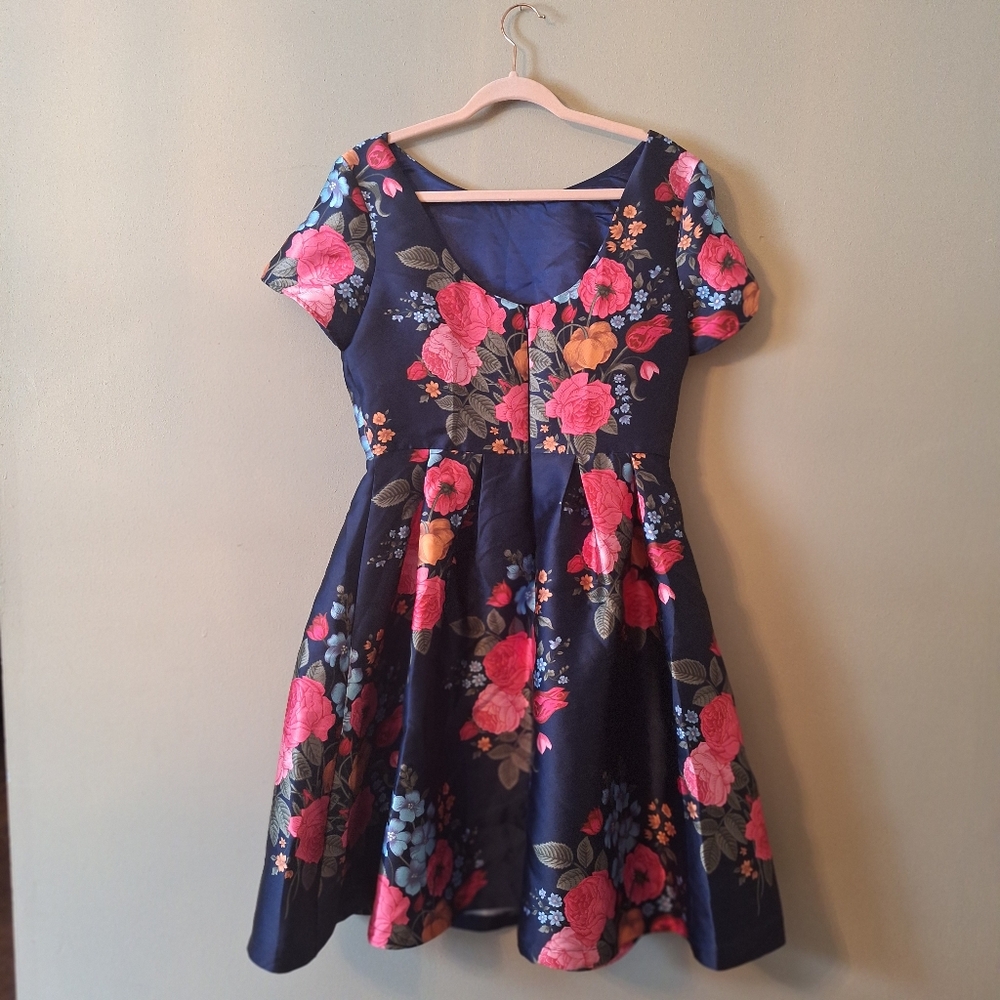 Floral Fit-and-Flare Dress in Navy with Pink Floral Print - Picture 6 of 14